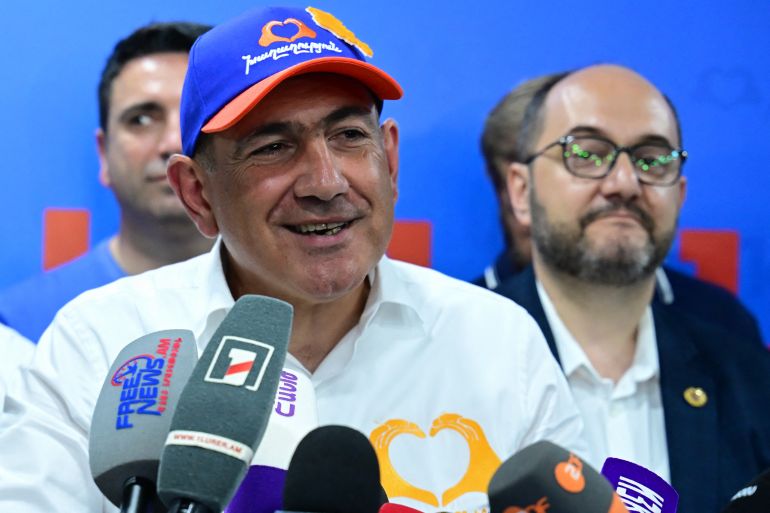 afp_6a27183f62c3-1780947007 Armenian Prime Minister and leader of the Civil Contract party Nikol Pashinyan holds a press conference following the parliamentary election at the party's headquarters in Yerevan early on June 8, 2026. (Photo by Karen MINASYAN / AFP)