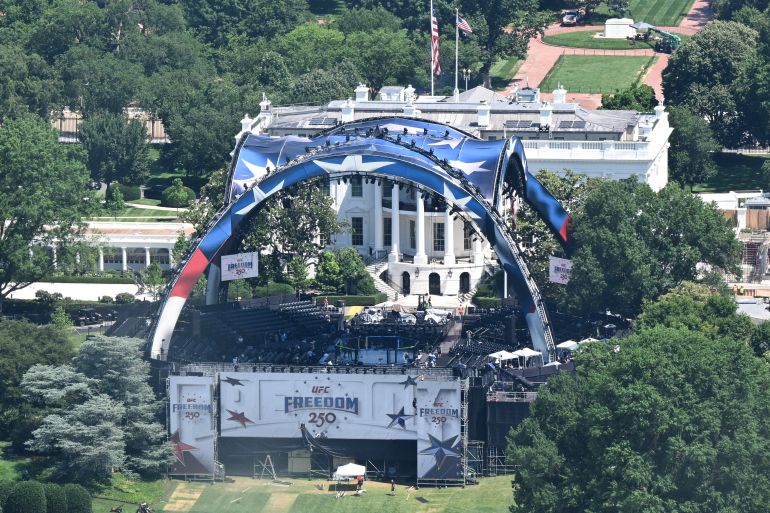 The structure, known as "The Claw," for the upcoming UFC fight that US President Donald Trump will host as part of the 250th anniversary of the United States is seen on the South Lawn of the White House in Washington, DC, on June 12, 2026.
