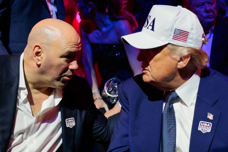 afp_6a2fa3bf5f6e-1781507007 US President Donald Trump talks to UFC CEO Dana White during UFC Freedom 250 on the South Lawn of the White House in Washington, DC, on June 15, 2026.