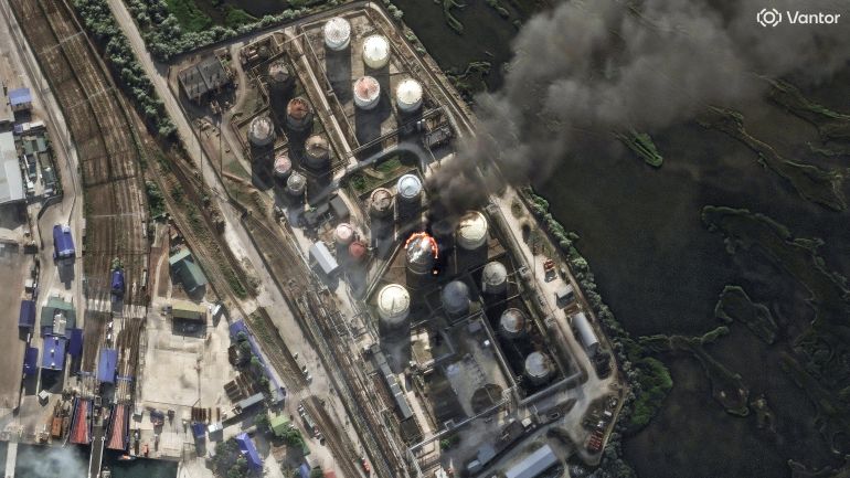 This handout satellite image courtesy of 2026 Vantor taken on June 20, 2026 and made available on June 23, 2026, shows fire at an oil storage depot at Kavkaz Port.