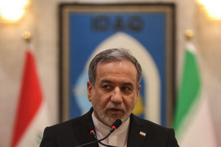 Iranian Foreign Minister Abbas Araghchi speaks during a joint press conference with his Iraqi counterpart following a meeting in Baghdad on June 28, 2026.