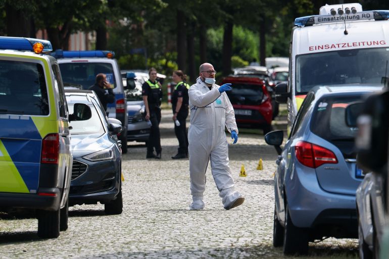 A forensic Police officer works near the scene where five people were killed in a shooting in Stade, northern Germany, a city some 50 kilometres west of Hamburg, on June 29, 2026.