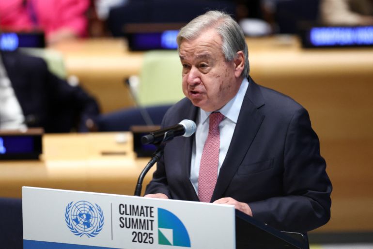UN Secretary General Antonio Guterres speaks during the "Climate Summit 2025" on the sidelines of the United Nations General Assembly at the UN headquarters in New York City on September 24, 2025. (Photo by CHARLY TRIBALLEAU / AFP)
