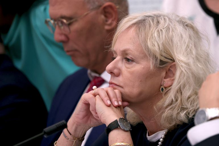 Israel's Attorney General Gali Baharav-Miara listens on as she attends a cabinet meeting at the Bible Lands Museum in Jerusalem on Wednesday, June 5, 2024. (Gil Cohen-Magen/Pool Photo via AP)