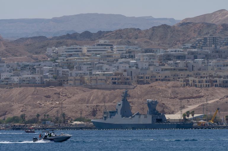 A Saar-6 corvette, the latest-generation warship which Israel is using for its naval defense system amid maritime threats from Yemen's Houthi rebels, is seen in waters in Eilat, Israel, Tuesday, April 16, 2024. The Houthis have been conducting near daily attacks on commercial and military ships in the Red Sea and Gulf of Aden, launching drones and missiles from rebel-held areas of Yemen. (AP Photo/Ohad Zwigenberg)