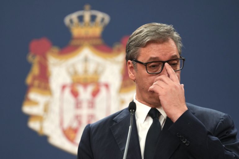 Serbian President Aleksandar Vucic listens to European Council President Antonio Costa during a news conference at the Serbia Palace in Belgrade, Serbia, Thursday, June 4, 2026. (AP Photo/Darko Vojinovic)