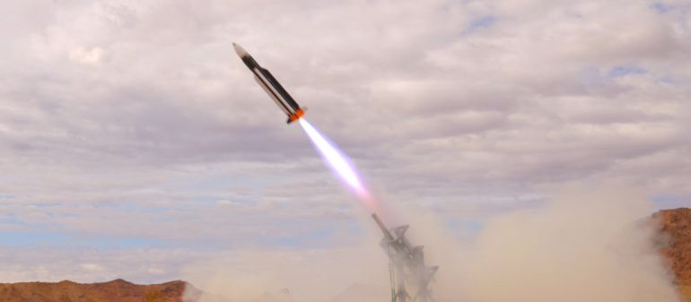 AV’s Freedom Eagle (FE-1) kinetic C-UAS missile launches during testing earlier this year at Yuma Proving Ground [Credit: AV]
