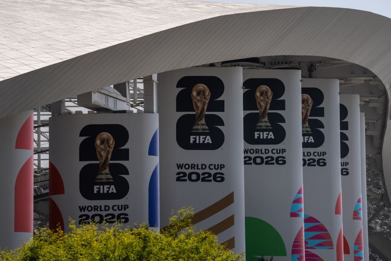 FIFA World Cup 2026 signage is displayed on columns at SoFi Stadium, Friday, June 5, 2026, in Inglewood, Calif. (AP Photo/Jae C. Hong)