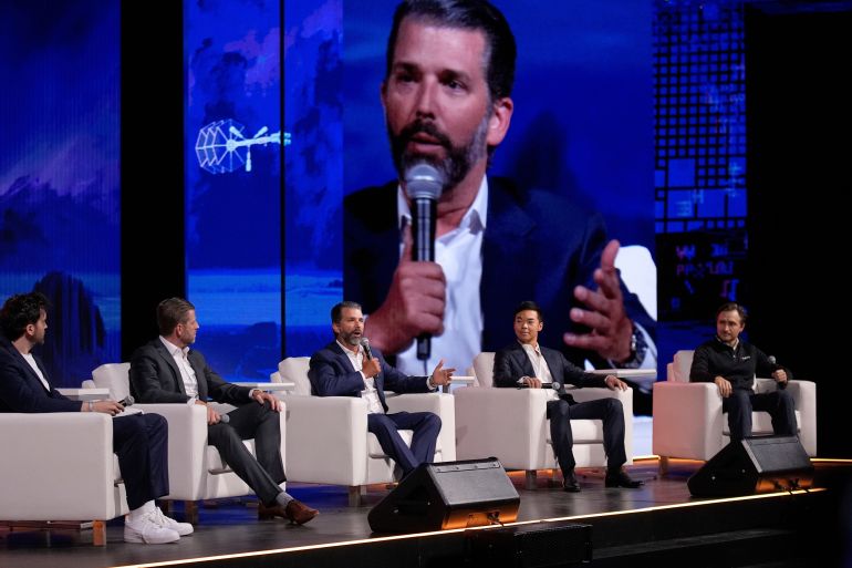 ap_6a2d2d2bb77f7-1781345579 FILE - From left, moderator Aaron Arnold, Eric Trump, Donald Trump Jr., Mike Ho, executive chairman of American Bitcoin and Matt Prusak, CEO of American Bitcoin, sit on stage at Bitcoin 2025, Wednesday, May 28, 2025, in Las Vegas. (AP Photo/John Locher, File)