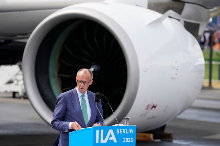 ap_6a305c8e295bf-1781554318 German Chancellor Friedrich Merz speaks during the International Aerospace Exhibition (ILA ) at the airport fairground in Berlin, Germany, Wednesday, June 10, 2026. (AP Photo/Ebrahim Noroozi)