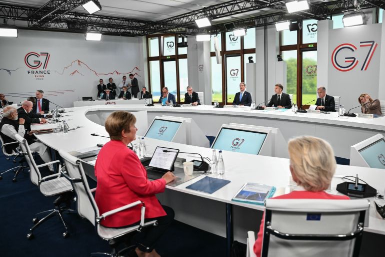 ap_6a327e0f58c32-1781693967 G7 leaders attend a working session at the G7 summit, in Evian-les-Bains, France, Wednesday, June 17, 2026. (Mandel Ngan/Pool Photo via AP)