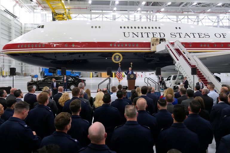ap_6a35be9916e94-1781907097 President Donald Trump speaks after touring the newly designated Air Force One presidential aircraft at Joint Base Andrews, Md., Friday, June 19, 2026. (AP Photo/Manuel Balce Ceneta)