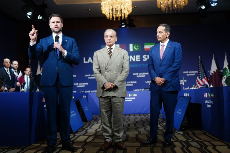ap_6a38f6e6dbf6f-1782118118 U.S. Vice President JD Vance, left, makes an opening statement next to Pakistan's Prime Minister Shehbaz Sharif, center, and Qatar's Prime Minister and Minister for Foreign Affairs Sheikh Mohammed bin Abdulrahman bin Jassim Al-Thani, at the Bürgenstock Resort in Obbuergen, Switzerland, Sunday, June 21, 2026. (Nathan Howard/Pool Photo via AP)