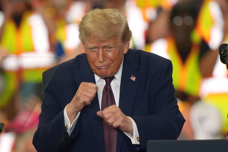 President Donald Trump gestures during a visit to the Lehigh Valley operations facility for Mack Trucks in Macungie, Pa., Tuesday, June 23, 2026. (AP Photo/Matt Rourke)