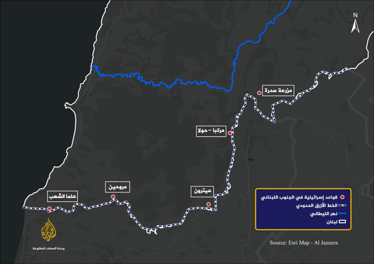 basis-in-south-lebanon-1781086011 خريطة توضح أماكن التمركزات والقواعد العسكرية الإسرائيلية جنوب لبنان (وحدة المصادر المفتوحة - الجزيرة)