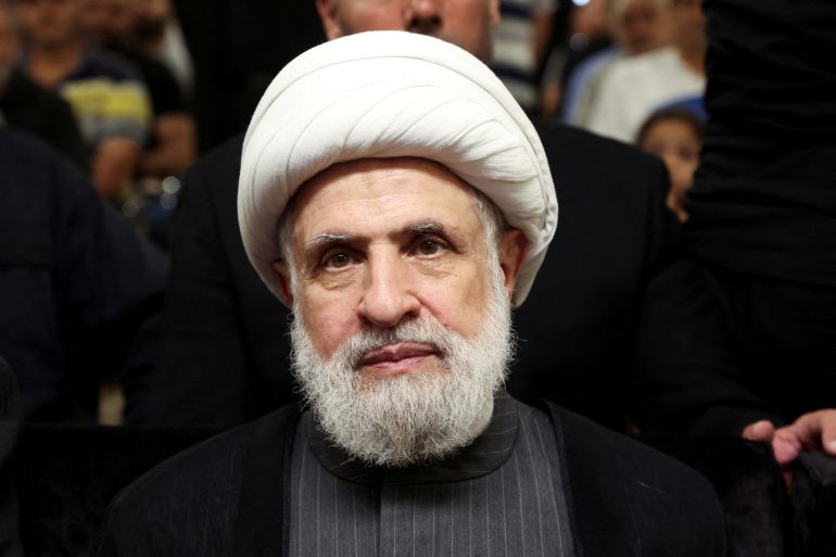 Lebanon's Hezbollah deputy leader Sheikh Naim Qassem attends a memorial service for Taleb Abdallah, a senior field commander in the group who was killed on June 11 alongside three other Hezbollah fighters in an Israeli strike on the south Lebanon village of Jouaiyya, in Beirut's southern suburbs, Lebanon June 19, 2024. REUTERS/Mohamed Azakir