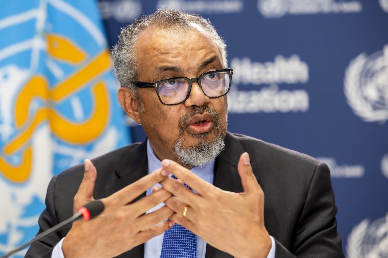 epaselect epa12288213 Tedros Adhanom Ghebreyesus, Director General of the World Health Organization (WHO), briefs the media during a press conference organized by the Geneva Association of United Nations Correspondents (ACANU) at the WHO headquarters in Geneva, Switzerland, 07 August 2025. EPA/SALVATORE DI NOLFI