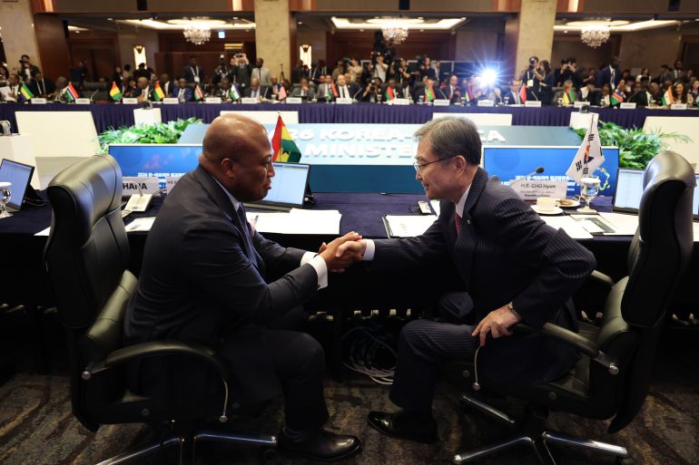 epa13008236 South Korean Foreign Minister Cho Hyun (R) talks with Ghanaian Foreign Minister Samuel Okudzeto Ablakwa (L) during this year's South Korea-Africa Foreign Ministers' Meeting in Seoul, South Korea, 01 June 2026, to discuss ways to strengthen cooperation for shared growth and jointly address supply chain disruptions and other global challenges. EPA/YONHAP SOUTH KOREA OUT