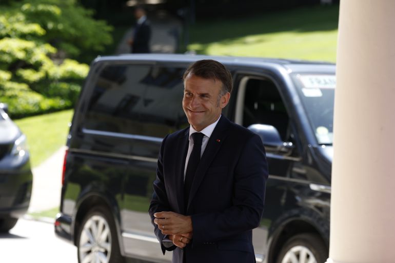 epa_6a30051cb718-1781531932 epa13038492 French President Emmanuel Macron arrives to the Hotel Royal ahead of the G7 summit in Evian-les-Bains, France, 15 June 2026. The 52nd G7 Summit will take place from 15 to 17 June 2026 in Evian-les-Bains on Lake Geneva. EPA/YOAN VALAT