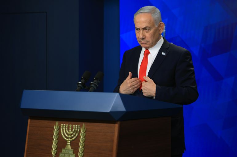 epa13039764 Israeli Prime Minister Benjamin Netanyahu holds a news conference in Jerusalem, 15 June 2026, following the announcement of a US-Iran mediated preliminary framework to end regional military hostilities. EPA/RONEN ZVULUN / POOL