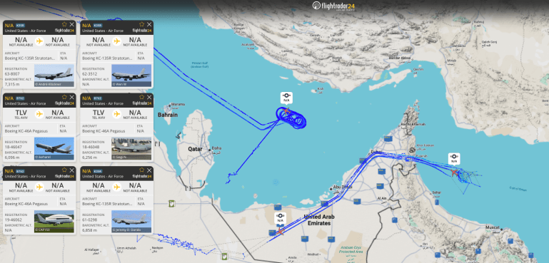 flight-radar-1780820221 مسارات طائرات التزويد بالوقود الأمريكية المرصودة بعد إسقاط المسيرات الإيرانية (فلايت رادار)