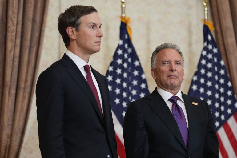 getty_6a0f729902-1779397273 ISLAMABAD, PAKISTAN - APRIL 12: Jared Kushner, left, and Steve Witkoff, Special Envoy for Peace Missions listen as Vice President JD Vance speaks during a news conference after meeting with representatives from Pakistan and Iran, April 12, 2026 in Islamabad, Pakistan. (Photo by Jacquelyn Martin - Pool/Getty Images)