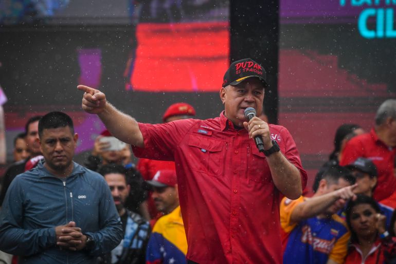 CARACAS, VENEZUELA - JANUARY 23: Minister of Interior of Venezuela Diosdado Cabello, gestures while giving a speech during a protest in support of Nicolas Maduro on January 23, 2026 in Caracas, Venezuela. Maduro and his wife were captured by US forces on the early morning of January 3 in Caracas and later transported to New York to face a trial. (Photo by Carlos Becerra/Getty Images)