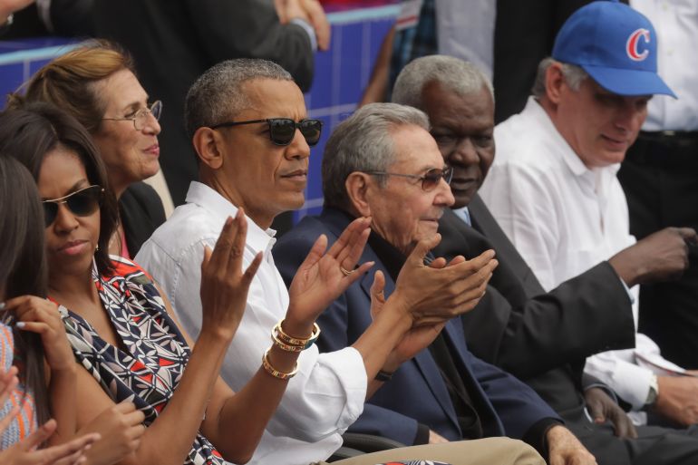 HAVANA, CUBA - MARCH 22: (L-R) U.S. first lady Michelle Obama, President Barack Obama, Cuban President Raul Castro, President of the Cuban National Assembly Esteban Lazo Hernandez and Cuban Vice President Miguel Diaz-Canel attend an exposition game between the Cuban national baseball team and Major League Baseball's Tampa Bay Devil Rays at the Estado Latinoamericano March 22, 2016 in Havana, Cuba. This is the first time a sittng president has visited Cuba in 88 years. (Photo by Chip Somodevilla/Getty Images)