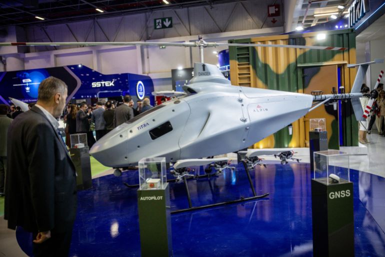 ISTANBUL, TURKEY - MAY 06: A man looks at an unmanned helicopter at the Titra Teknoloji display at the SAHA International Defence and Aerospace Expo on May 06, 2026 in Istanbul, Turkey. The International Defence and Aerospace Exhibition, showcased Turkish and foreign companies new products and technology. The expo was dominated by UAV products as modern warfare increasingly shifts to drone and unmanned technologies. (Photo by Chris McGrath/Getty Images)