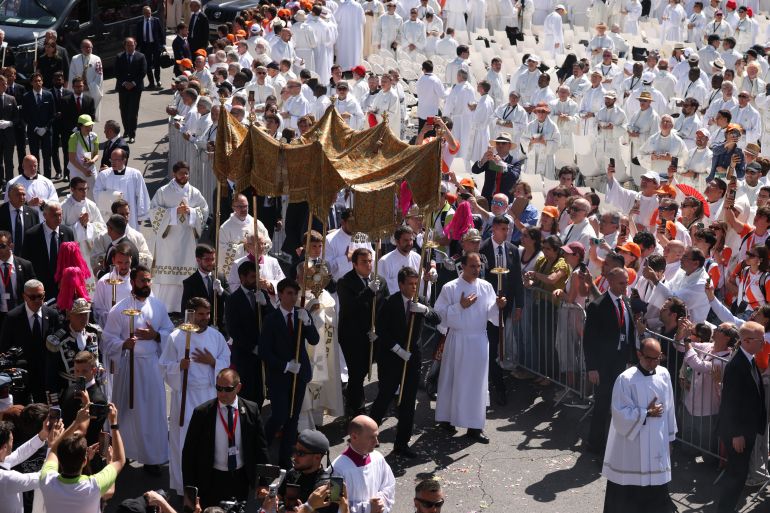 getty_6a254c4faf-1780829263 MADRID, SPAIN - JUNE 7: Pope Leo XIV attends the Corpus Christi Procession after holding a mass in the Plaza de Cibeles on June 7, 2026 in Madrid, Spain. Pope Leo XIV is making an apostolic journey to Spain from June 6–12, marking the first papal visit to the country since Benedict XVI visited in 2011. During the trip Pope Leo travels to Madrid, Barcelona, and the Canary Islands of Gran Canaria and Tenerife. Many of his planned engagements center on issues around marginalized people, youth, and migrants, alongside meetings with the Spanish royals, government figures, and church officials. A highlight of the itinerary sees Pope Leo inaugurate the recently completed Tower of Jesus Christ spire at the Basílica de la Sagrada Familia in Barcelona, to coincide with the 100th anniversary of the architect Antoni Gaudí's death. (Photo by Dan Kitwood/Getty Images)