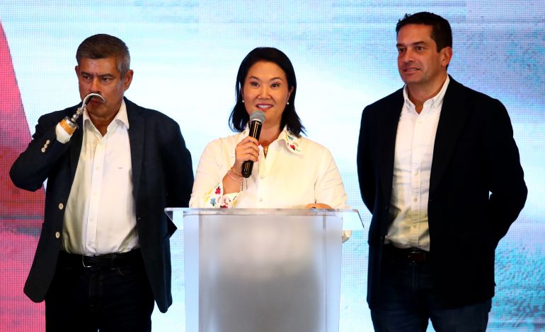 getty_6a26643a49-1780900922 LIMA, PERU - JUNE 7: Keiko Fujimori, presidential candidate for the Fuerza Popular party, speaks after the exit poll results during the 2026 Presidential runoff on June 7, 2026 in Lima, Peru. Fujimori has 52.6% of the votes, while Roberto Sanchez, presidential candidate for the Juntos por el Peru party, has 47.35% with 58.6% of the ballots counted, according to the organization responsible for the elections in Peru. (Photo by Raul Sifuentes/Getty Images)