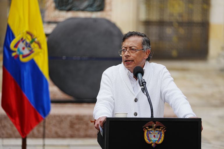 BOGOTA, COLOMBIA - MAY 31: President of Colombia Gustavo Petro speaks after casting his vote during the presidential election on May 31, 2026 in Bogota, Colombia. Polls point to Ivan Cepeda, candidate for the Pacto Historico party, Paloma Valencia, candidate for the Centro Democratico party, and Abelardo de la Espriella, candidate for the Salvación Nacional party, as the main contenders for this year's election in Colombia. (Photo by Andres Rot/Getty Images)
