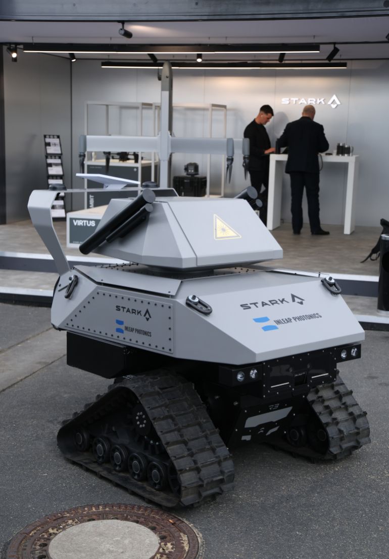 getty_6a2b0630da-1781204528 SCHOENEFELD, GERMANY - JUNE 10: A UGV (unmanned ground vehicle) drone stands on display at the Stark exhibition stand at the 2026 ILA Berlin Air Show on its opening day on June 10, 2026 in Schoenefeld, Germany. This year's ILA has a heavy emphasis on defence and drone technology and the integration of artificial intelligence. (Photo by Sean Gallup/Getty Images)