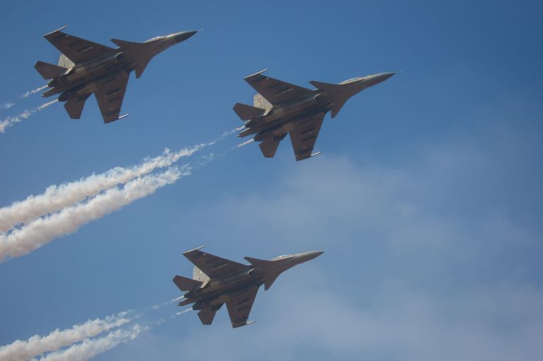 getty_6a2d44f4ca-1781351668 BENGALURU, INDIA - FEBRUARY 10: The Indian Air Force (IAF) Sukhoi Su-30MKI twinjet multirole fighter aircrafts execute aerial manoeuvres on the opening day of Aero India 2025 at the Yelahanka Air Force Station on February 10, 2025 in Bengaluru, India. Aero India is a biennial air show and aviation exhibition held in Bengaluru where global aero vendors and the Indian Air Force (IAF) thrill spectators with back-to-back aerobatic flying displays. (Photo by Abhishek Chinnappa/Getty Images)