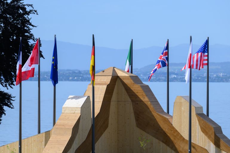 getty_6a2e3f9baa-1781415835 EVIAN-LES-BAINS, FRANCE - JUNE 13: G7 flags are displayed ahead of the G7 meeting on June 13, 2026 in Evian-les-Bains, France. This week's G7 summit will take place from June 15-17 in Evian-les-Bains, as leaders grapple with challenges to peace and security for Ukraine and Europe, the situation in the Middle East, and other geopolitical issues. (Photo by Harold Cunningham/Getty Images)