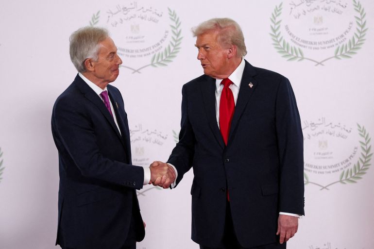 SHARM EL-SHEIKH, EGYPT - OCTOBER 13: U.S. President Donald Trump (R) and Britain's former Prime Minister Tony Blair pose for a photo, at a world leaders' summit on ending the Gaza war on October 13, 2025 in Sharm El-Sheikh, Egypt. President Trump is in Egypt to meet with European and Middle Eastern leaders in what’s being billed as an international peace summit, following the start of a US-brokered ceasefire deal to end the war in the Gaza Strip. (Photo by Suzanne Plunkett - Pool / Getty Images)
