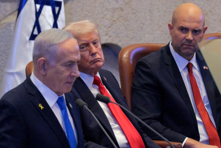 JERUSALEM - OCTOBER 13: Israeli Prime Minister Benjamin Netanyahu addresses the Knesset as U.S. President Donald Trump listens on October 13, 2025 in Jerusalem. President Trump is visiting the country hours after Hamas released some of the remaining Israeli hostages captured on Oct. 7, 2023, part of a US-brokered ceasefire deal to end the war in the Gaza Strip. (Photo by Chip Somodevilla/Getty Images)
