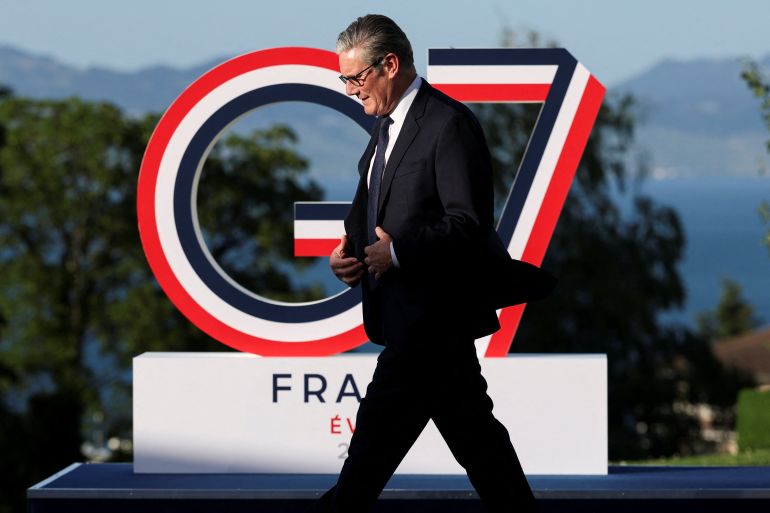 EVIAN-LES-BAINS, FRANCE - JUNE 15: Britain's Prime Minister Keir Starmer walks during the G7 Summit at Hotel Royal Evian on June 15, 2026 in Evian-les-Bains, France. Leaders from the Group of 7 (G7) countries convened in Evian, France, near the Swiss border, for their annual summit to discuss challenges to peace and security for Ukraine and Europe, the situation in the Middle East, and other geopolitical issues. (Photo by Isabel Infantes-Pool/Getty Images)