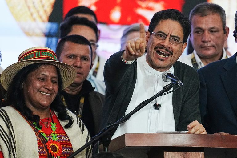 BOGOTA, COLOMBIA - MAY 31: Ivan Cepeda, Presidential candidate for the Pacto Historico party, delivers a speech as he receives the results of the presidential election at the Tequendama Hotel on May 31, 2026 in Bogota, Colombia. With 99.5% of the polling stations counted, Cepeda has almost 41% of the votes while Abelardo de la Espriella, candidate of the Salvación Nacional party, has received close to 44% of the votes. Espriella and Cepeda will face off in the second round of voting for the President of Colombia, set for June 21, 2026. (Photo by Andres Rot/Getty Images)