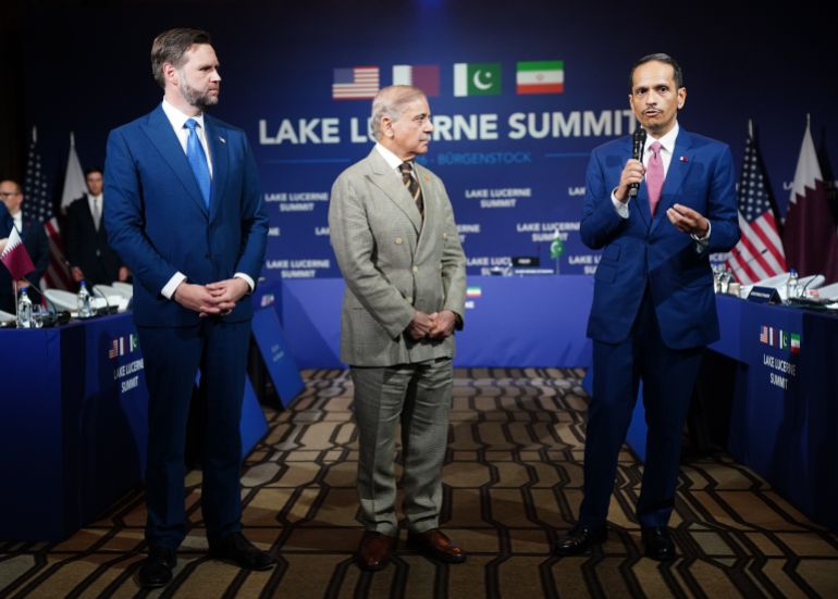 STANSSTAD, SWITZERLAND - JUNE 21: Qatar's Prime Minister and Minister for Foreign Affairs Sheikh Mohammed bin Abdulrahman bin Jassim Al-Thani makes an opening statement as U.S. Vice President JD Vance and Pakistan's Prime Minister Shehbaz Sharif listen at the start of a quadrilateral meeting between the U.S., Iran, Pakistan, and Qatar at the Lake Lucerne Summit, aimed at advancing a deal to end the Middle East conflict at the Buergenstock Resort, Lake Lucerne on June 21, 2026 near Stansstad, Switzerland. Vance is visiting Switzerland for negotiations with Iran to end the war and open the Strait of Hormuz that have been delayed by Israeli strikes in Lebanon. (Photo by Nathan Howard-Pool/Getty Images)