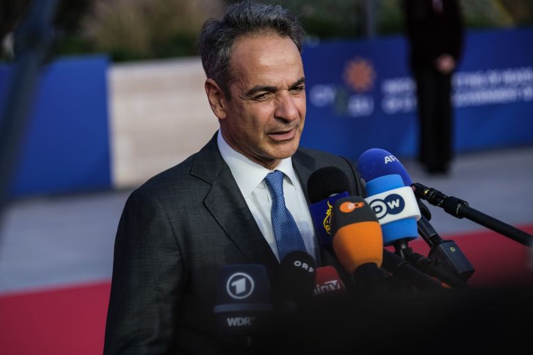 AYIA NAPA, CYPRUS - APRIL 23: Greek Prime Minister Kyriakos Mitsotakis addresses the press at an informal meeting of European Union leaders on April 23, 2026 in Ayia Napa, Cyprus. The EU heads of state and government are meeting over two days to discuss the conflict in Iran and the Middle East, including freedom of navigation in the Strait of Hormuz, the effects of high fuel prices, and how Europe may contribute to de-escalation and a peace agreement. (Photo by Byron Smith/Getty Images)