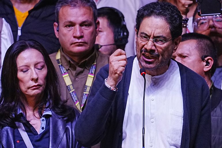 BOGOTA, COLOMBIA - JUNE 21: Ivan Cepeda, candidate of the Pacto Histórico party, speaks to his supporters during the 2026 presidential runoff in Colombia on June 21, 2026 in Bogota, Colombia. Ivan Cepeda, candidate for the Pacto Historico party, and Abelardo de la Espriella, candidate for the Salvación Nacional, face in a tight runoff to rule Colombia from 2026 to 2030. According to the surveys, de la Espriella leads the election. (Photo by Andres Rot/Getty Images)
