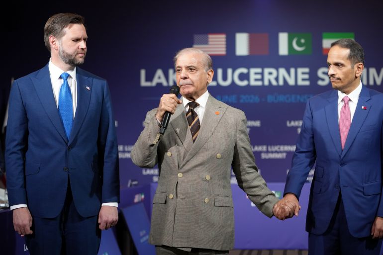 STANSSTAD, SWITZERLAND - JUNE 21: Pakistan's Prime Minister Shehbaz Sharif speaks next to U.S. Vice President JD Vance and Qatar's Prime Minister and Minister for Foreign Affairs Sheikh Mohammed bin Abdulrahman bin Jassim Al-Thani during a quadrilateral meeting between the U.S., Iran, Pakistan, and Qatar at the Lake Lucerne Summit, aimed at advancing a deal to end the Middle East conflict at the Buergenstock Resort, Lake Lucerne on June 21, 2026 near Stansstad, Switzerland. Vance is visiting Switzerland for negotiations with Iran to end the war that have been delayed by Israeli strikes in Lebanon and over the opening the Strait of Hormuz. (Photo by Nathan Howard-Pool/Getty Images)