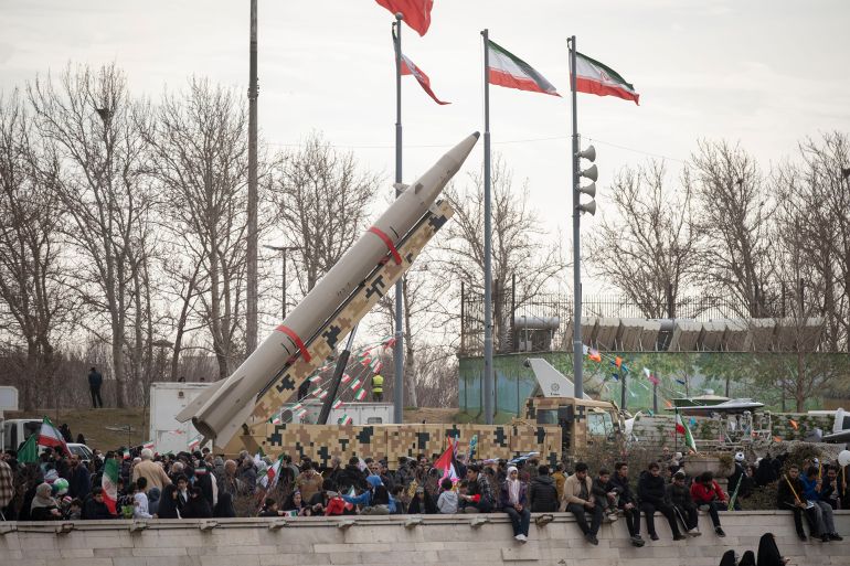 An Iran-made ballistic missile is displayed during a rally commemorating the 47th anniversary of the Islamic Revolution's victory in Azadi (Freedom) Square in western Tehran, Iran, on February 11, 2026. (Photo by Morteza Nikoubazl/NurPhoto via Getty Images)