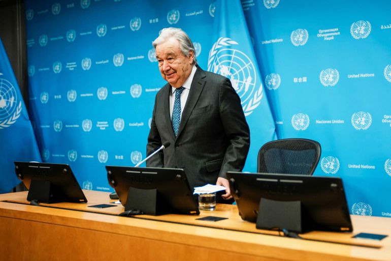 guterres7-1769773387 United Nations Secretary-General Antonio Guterres arrives to speak during a press conference outlining his priorities for 2026 at U.N. headquarters in New York City, U.S., January 29, 2026. REUTERS/Eduardo Munoz