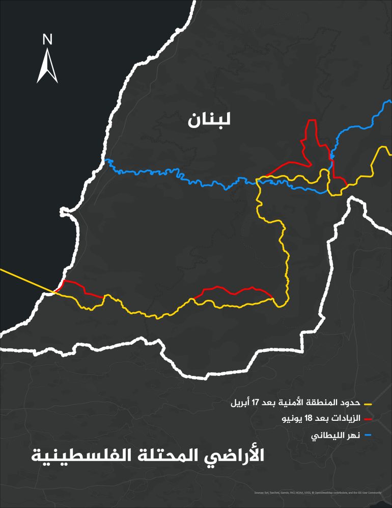 خريطة توضيحية تظهر التوسعة التي نشرها الاحتلال للمنطقة العازلة جنوبي لبنان (الجزيرة)
