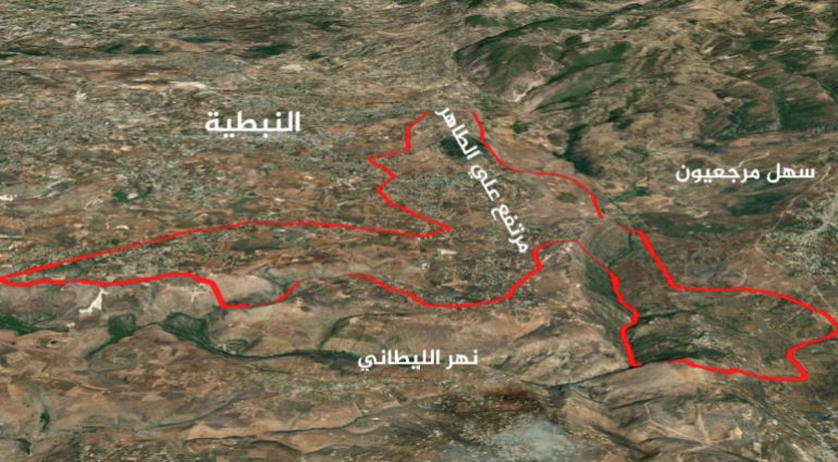 خريطة توضيحية ثلاثية الأبعاد تظهر أهمية مرتفع علي الطاهر لمدينة النبطية (ايزري)