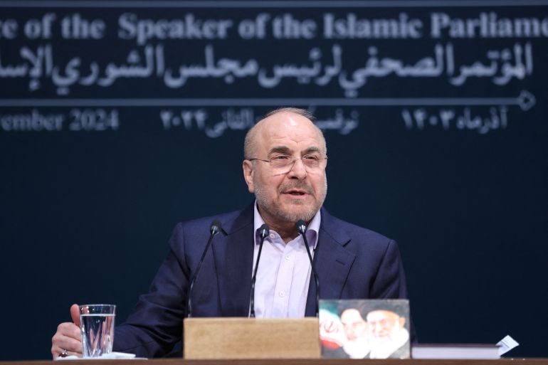 pic-887741-1779126463 Iranian Parliament Speaker Mohammad Bagher Ghalibaf speaks during a press conference in Tehran, Iran November 27, 2024. Majid Asgaripour/WANA (West Asia News Agency) via REUTERS ATTENTION EDITORS - THIS PICTURE WAS PROVIDED BY A THIRD PARTY