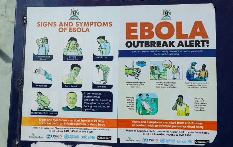 reuters_6a187cee-1779989742 FILE PHOTO: An advocacy poster against the spread of Ebola virus is placed along the walkway at the Platinum Medical Centre, as aid agencies intensify efforts to contain a new Ebola outbreak involving the Bundibugyo Virus in Kampala, Uganda, May 26, 2026. REUTERS/Abubaker Lubowa/File Photo