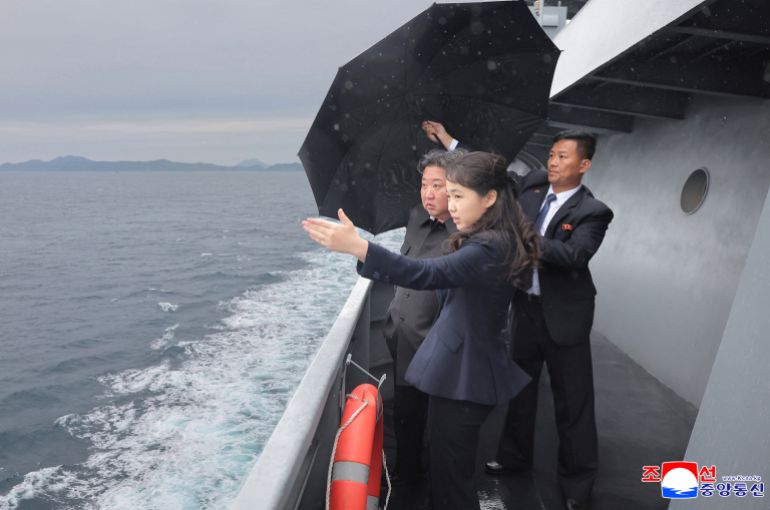 North Korean leader Kim Jong Un and his daughter Kim Ju Ae visit the naval vessel Kang Kon to supervise the vessel's navigation test, in an undisclosed location, in this picture released by North Korea's official Korean Central News Agency on June 6, 2026. KCNA via REUTERS ATTENTION EDITORS - THIS IMAGE WAS PROVIDED BY A THIRD PARTY. REUTERS IS UNABLE TO INDEPENDENTLY VERIFY THIS IMAGE. NO THIRD PARTY SALES. SOUTH KOREA OUT. NO COMMERCIAL OR EDITORIAL SALES IN SOUTH KOREA.